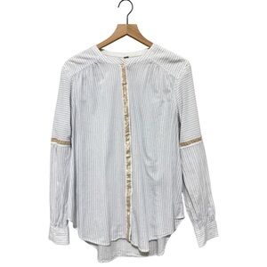 Free People Striped Button Down Blouse Size L | Boho Cotton Shirt with Gold Trim